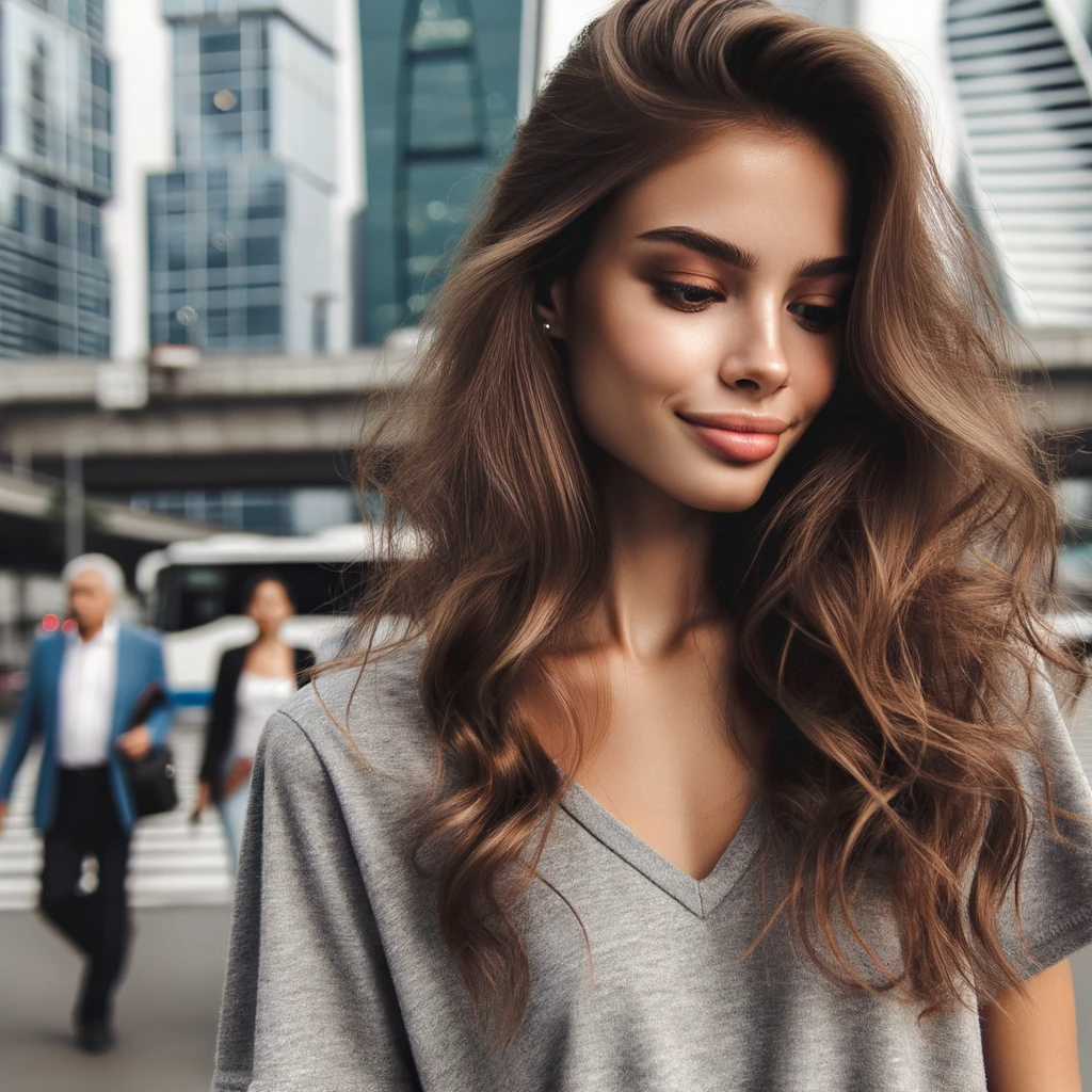 YOUNG WOMAN LOOKING DOWN IN THE CITY
