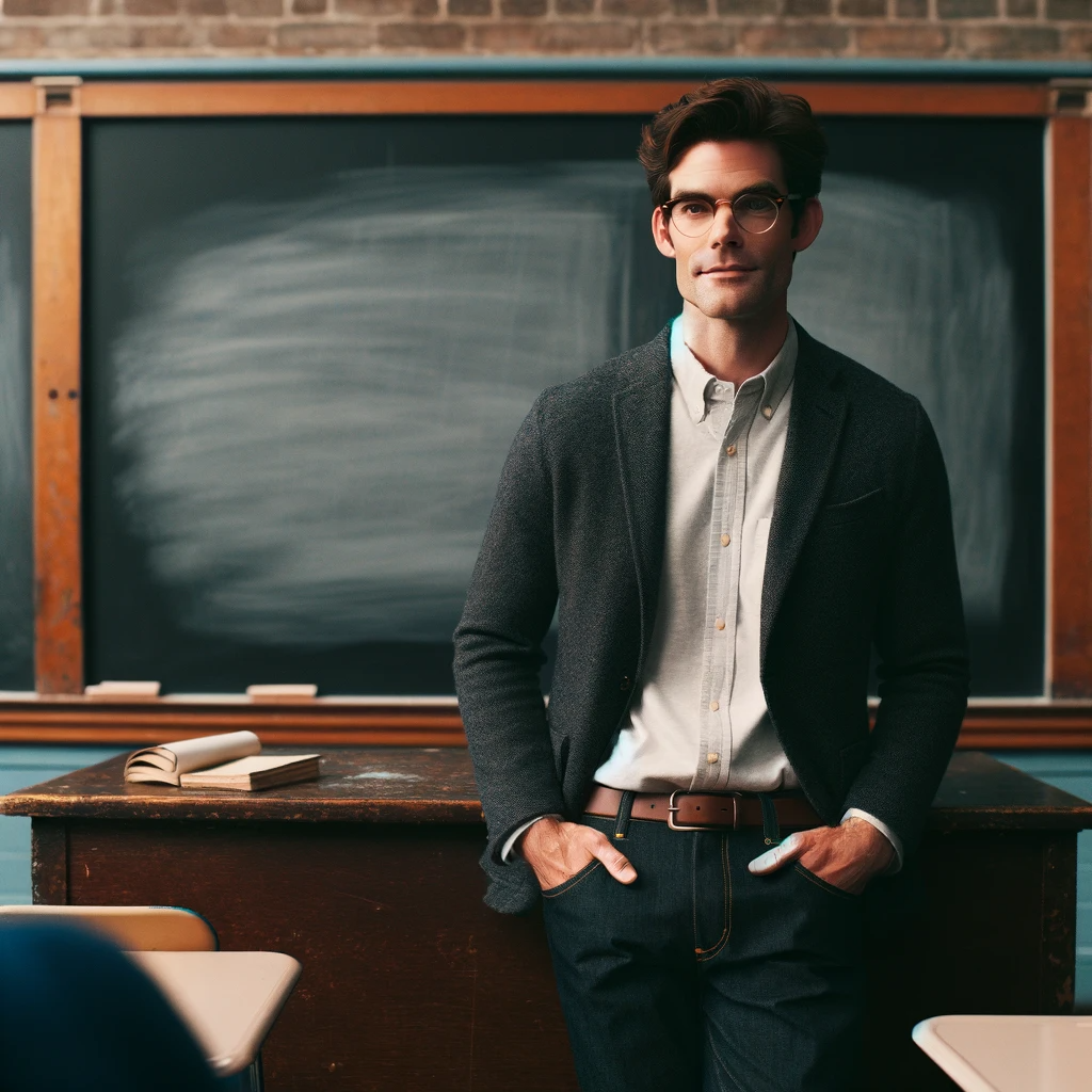 Teacher leaning on a desk with hands in his pockets image